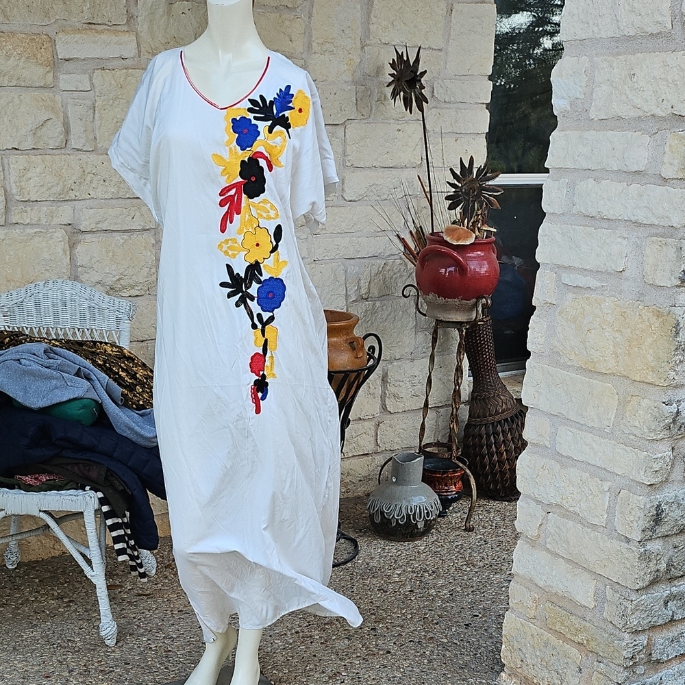 VGT 70s Cotton Boho Maxi Dress MUMU Kaftan Embroidered Hippie Woodstock White M